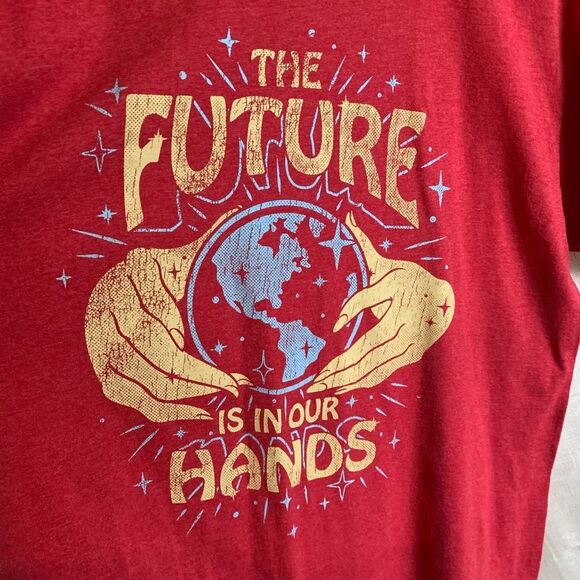 Vintage DOM Graphic Tee Mens Large Red The Future Is in Your Hands Earth 90s Y2K - Picture 3 of 13